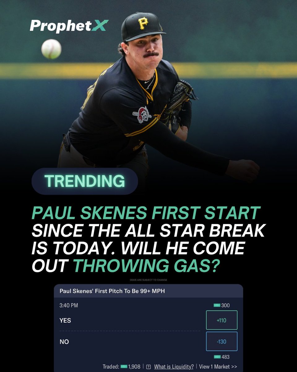 PlayProphetX's tweet image. Skenes First Pitch Speed is a HOT market on PX
Think he comes out throwing Gas today in his first start since the All Star Break?