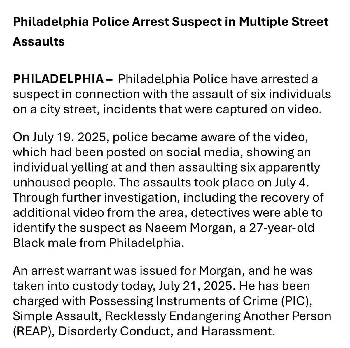 KeeleyFox29's tweet image. 27 year old man seen in video posted attacking homeless people sleeping outside PA Convention Center arrested by @PhillyPolice today. Naeem Morgan charged by @DA_LarryKrasner @philadao assaulting six people who were sleeping when hit with water bottle thrown at heads & kicked.