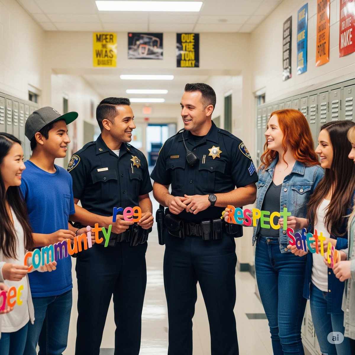Building slides to describe a letter-writing activity in Crime &amp; Justice class last year with the help of <a href="/SphereEdIn/">Sphere Education Initiative</a>, so I asked AI to "create an image of high school students holding letters while they talk to police officers." This is what it made. 😂🤦‍♀️