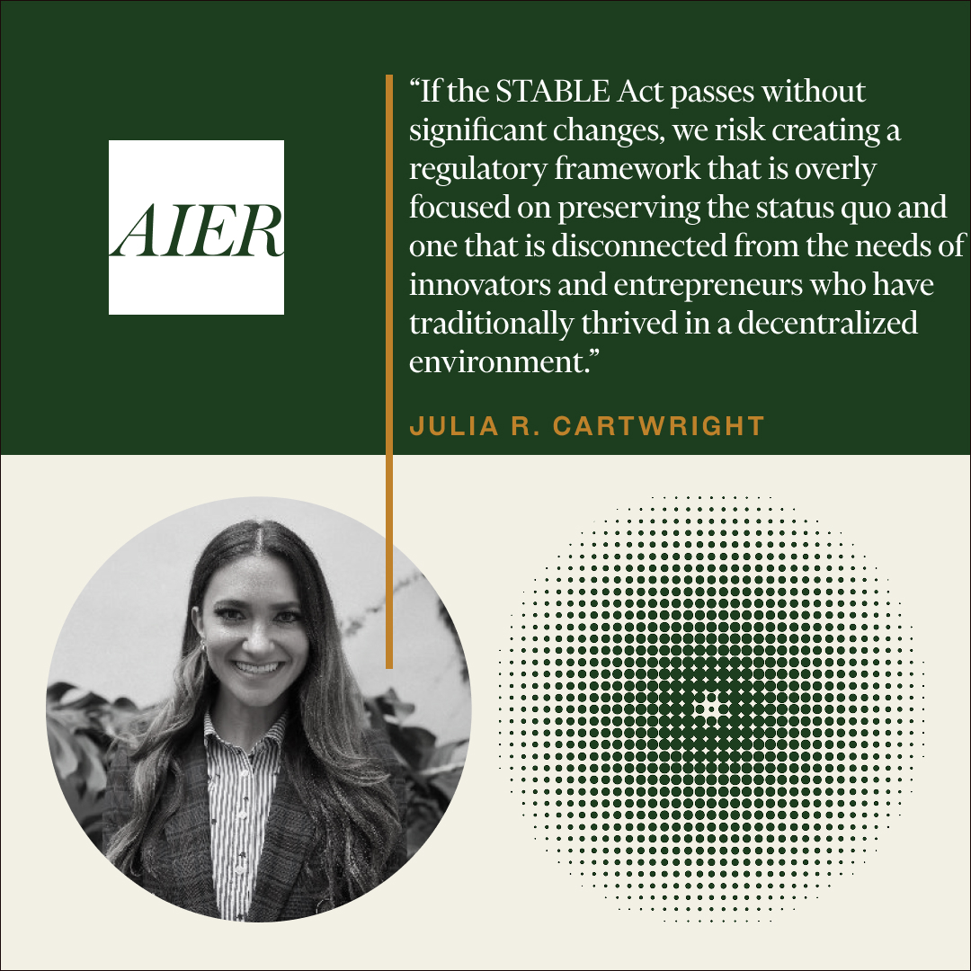 aier's tweet image. The STABLE Act’s centralized approach to regulating stablecoins introduces a critical tension between the need for clarity and the risk of stifling innovation. While the bill provides much-needed regulatory clarity, the centralization of decision-making into a few federal hands…