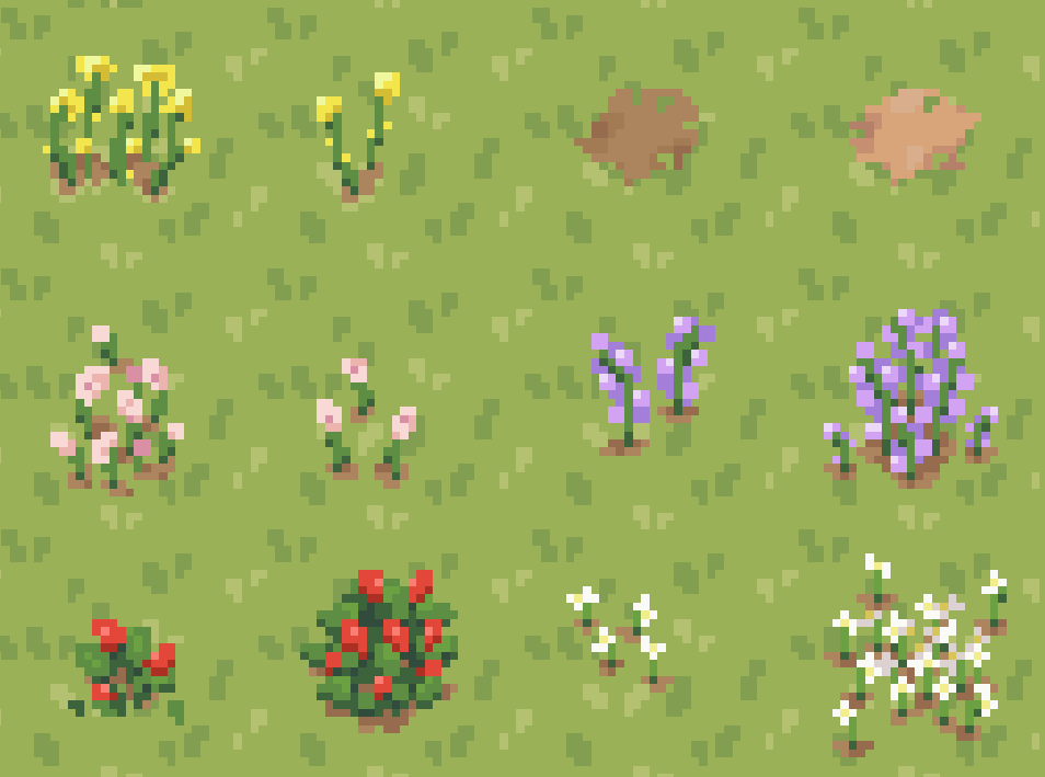 Flowers for my tileset that will go on itchio 🌷
What is your favorite flower?
#PixelArt #Tileset #IndieGameDev #ドット絵