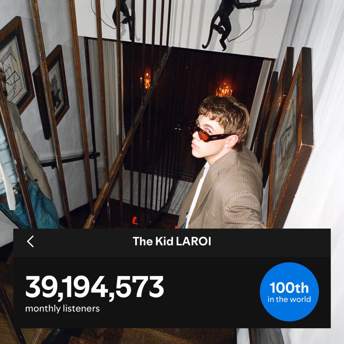 Laroi has re-entered the TOP 100
artists in the world with the most 
monthly listeners on Spotify 💚