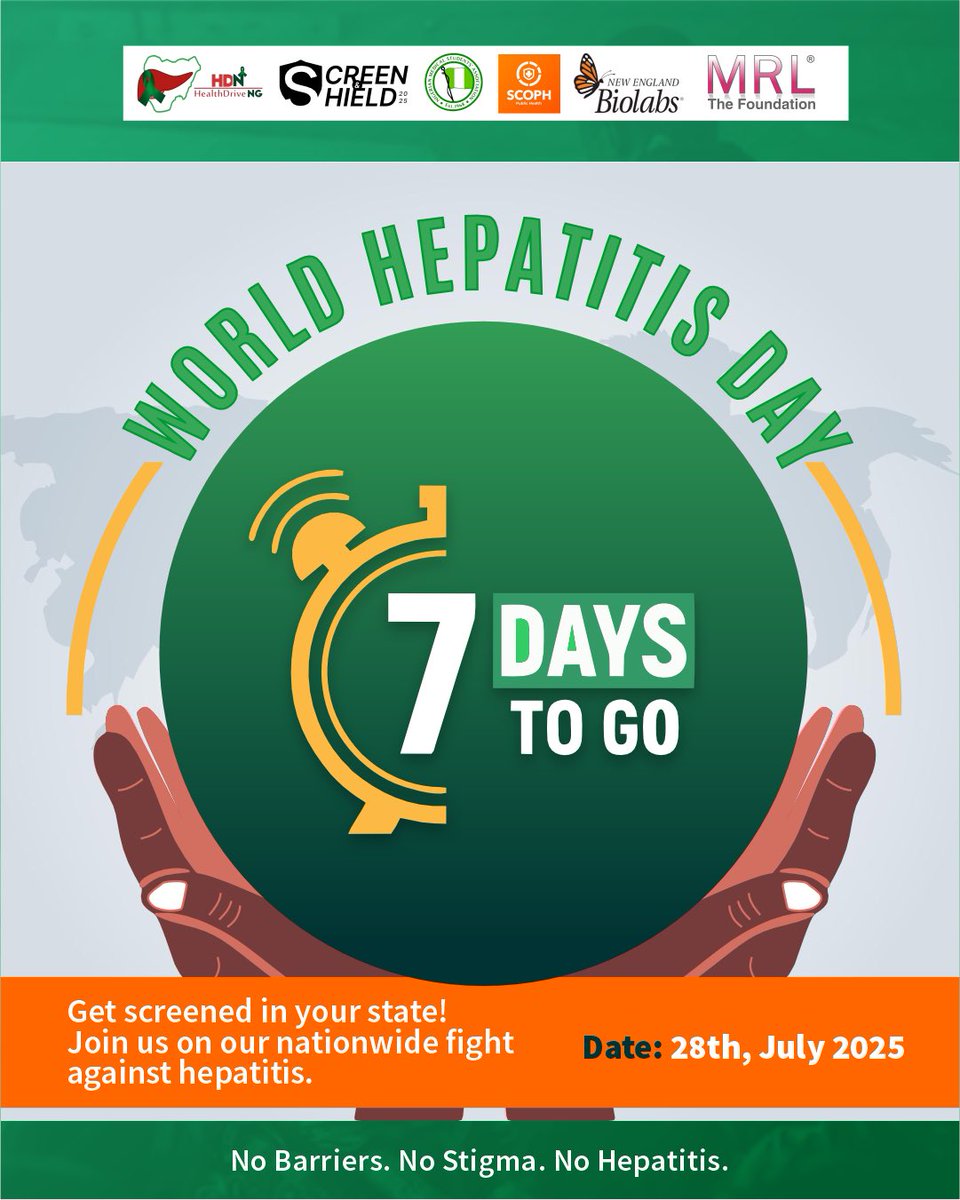 🚀The countdown has officially begun! 

In just 7 days, we unite across all 36 states in Nigeria to raise awareness, fight stigma and get screened for Hepatitis.

🦠This World Hepatitis Day, protect yourself &amp; your community.

🚨Like,Share and Spread the word.

#ScreenAndShield