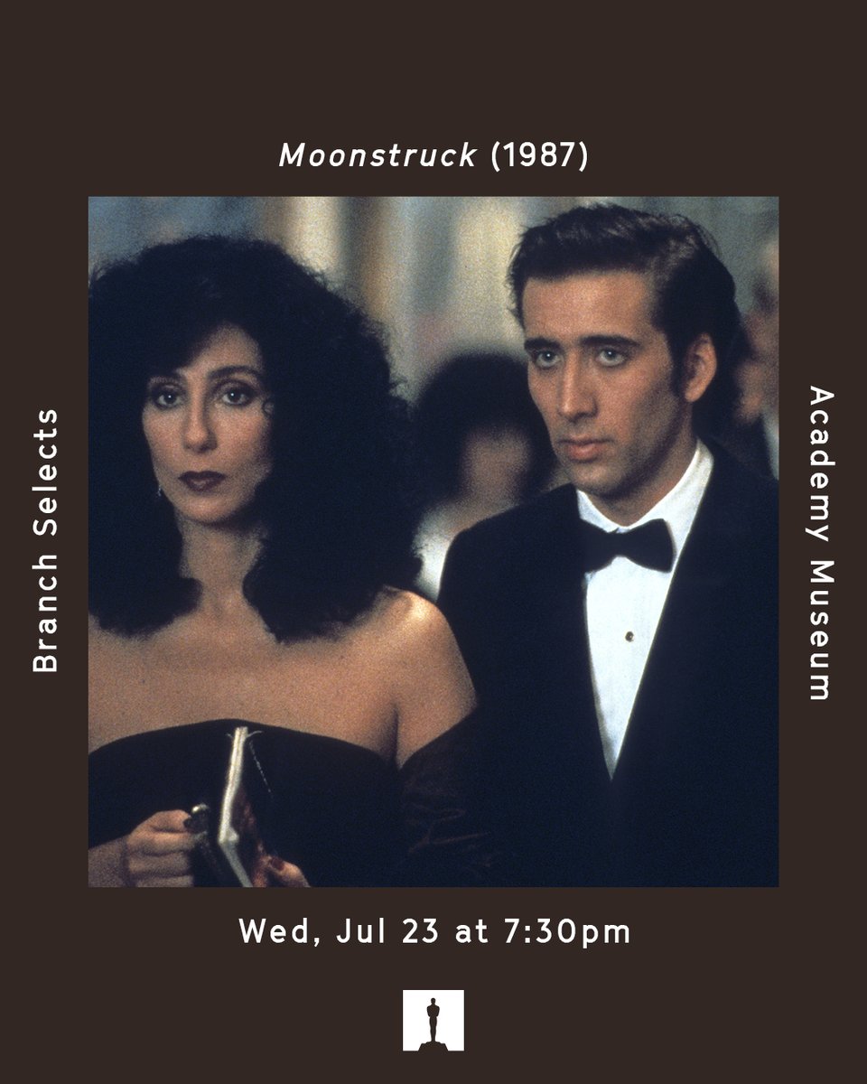 AcademyMuseum's tweet image. July 23 at 7:30PM | MOONSTRUCK in 35mm
Snap out of it! 💫 Cher and Nicolas Cage light up the screen in MOONSTRUCK, a romantic comedy full of big emotions, opera, and unforgettable one-liners.
🎟️ acadmu.se/Moonstruck