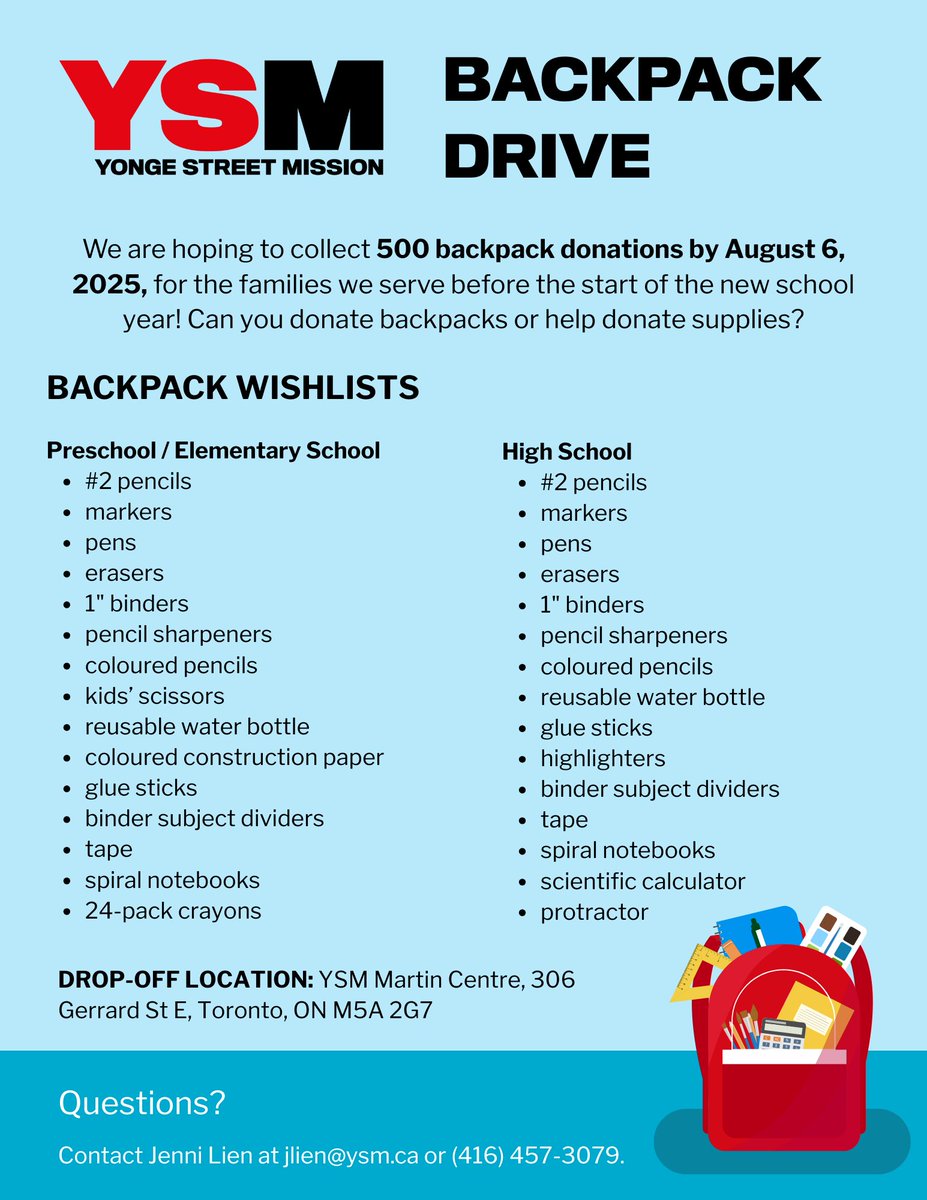We are collecting 500 kids' backpacks filled with school supplies by August 6, so families in need can start off the school year prepared. Drop donations off at our Martin Centre, 306 Gerrard St. E. during bus. hours, Mon to Fri.

#YongeStreetMission #BackpackDrive #BacktoSchool