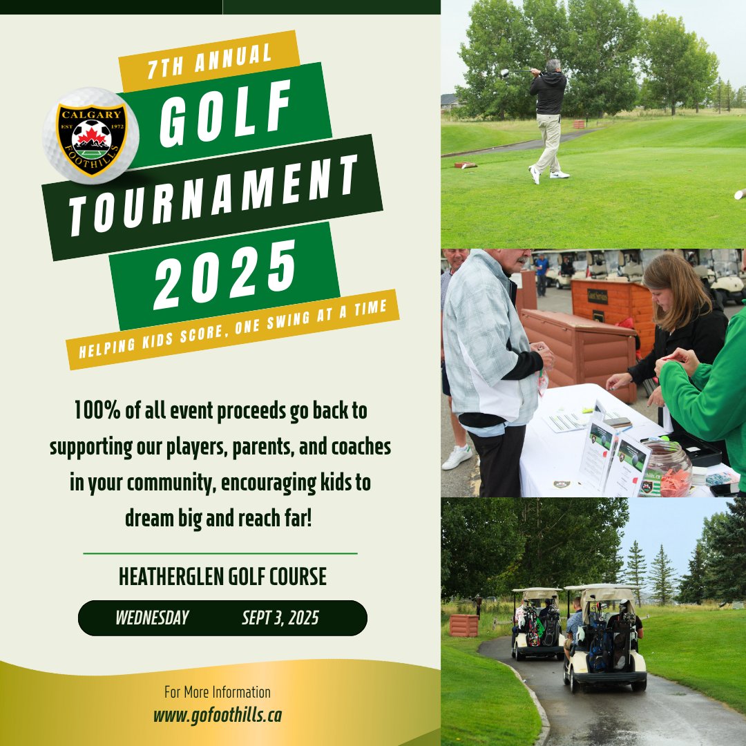 Grab your crew &amp; hit the green for a great cause!
Join us Sept 3 at HeatherGlen for the Foothills Golf Tournament — golf, games, prime rib, networking &amp; more!
100% of proceeds help kids play soccer ⚽

Register: universe.com/events/foothil…

#FoothillsGolfTournament #YYCGolf