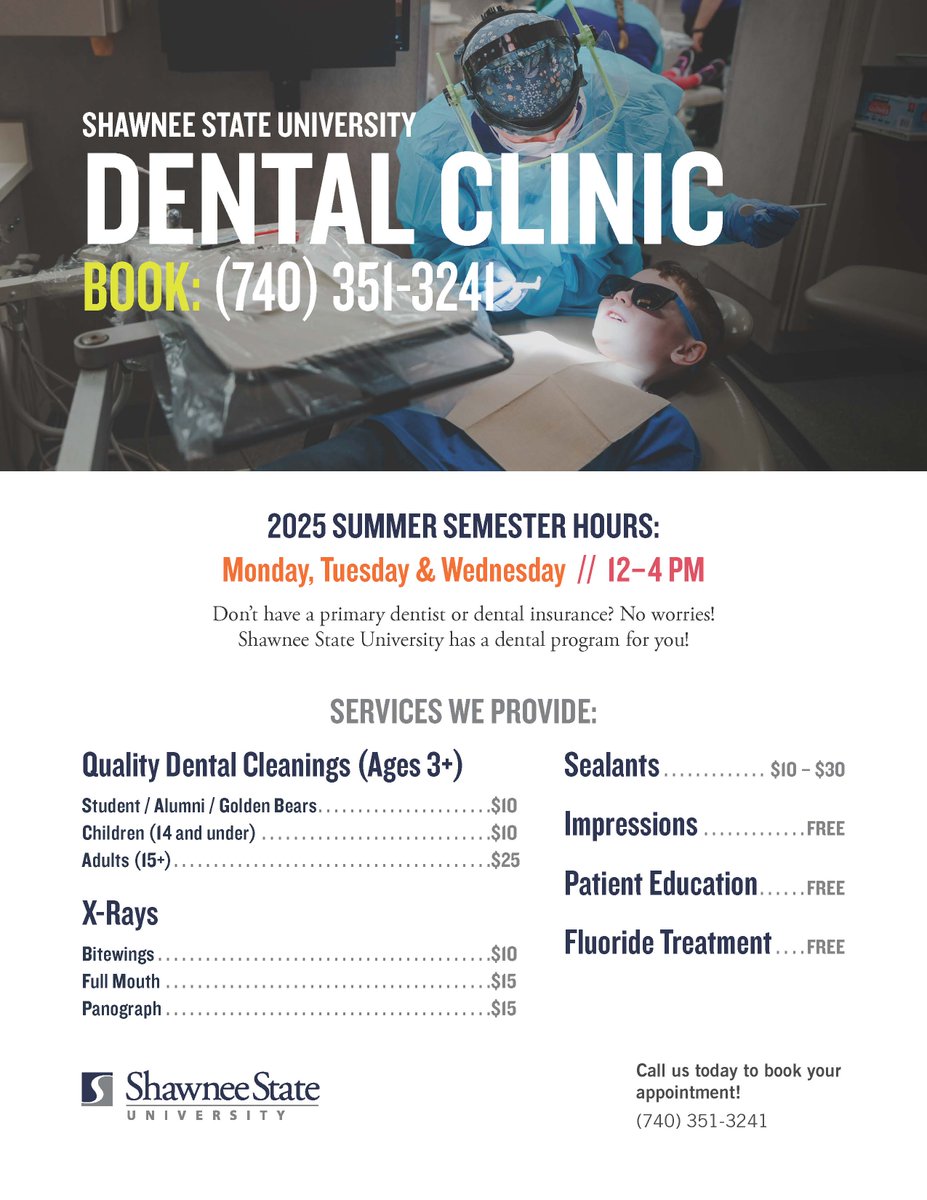 Get affordable care at the James Kadel Dental Clinic this summer! 🦷 🪥

🦷 Services:
» Cleanings
» X-Rays
» Sealants
» Impressions
» Patient Education
» Fluoride Treatment

📞 Book today » (740) 351-3241

🖥️ Learn more » shawnee.edu/dental-clinic