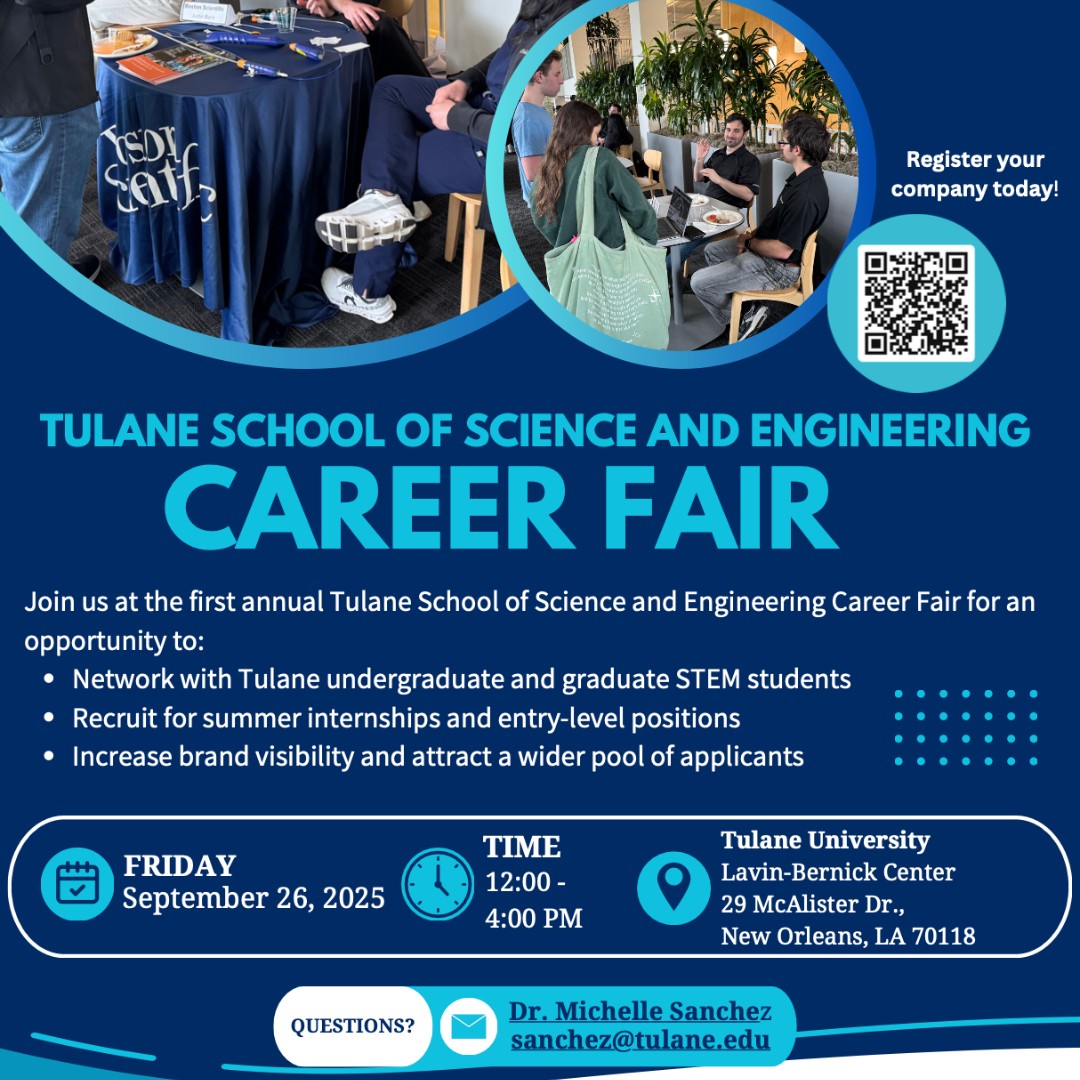 TulaneSSE's tweet image. Join us at the first annual Tulane School of Science and Engineering Career Fair on Friday, September 26, 2025!
#CareerFair #ScienceAndEngineering #StudentOpportunities