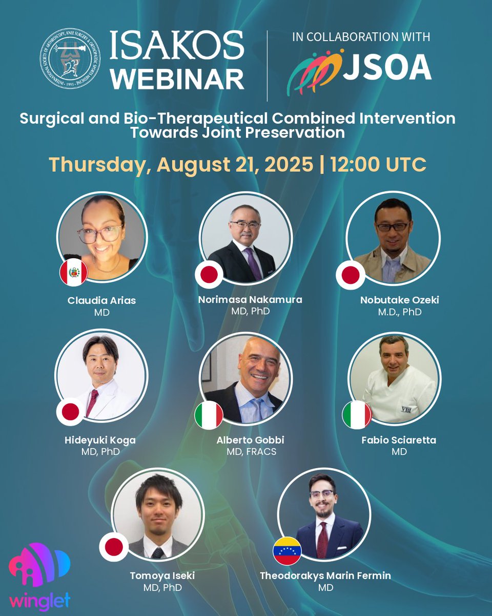 🚨 Don’t miss the next #ISAKOS Webinar with JSOA!
🔬 Surgical &amp; Bio-Therapeutical Combined Intervention Towards #JointPreservation
🗓️ Aug 21 | 12:00 UTC
🎥 Register with Winglet
#ISAKOS #Webinar #Orthopaedics #SportsMedicine #JointPreservation #JISAKOS