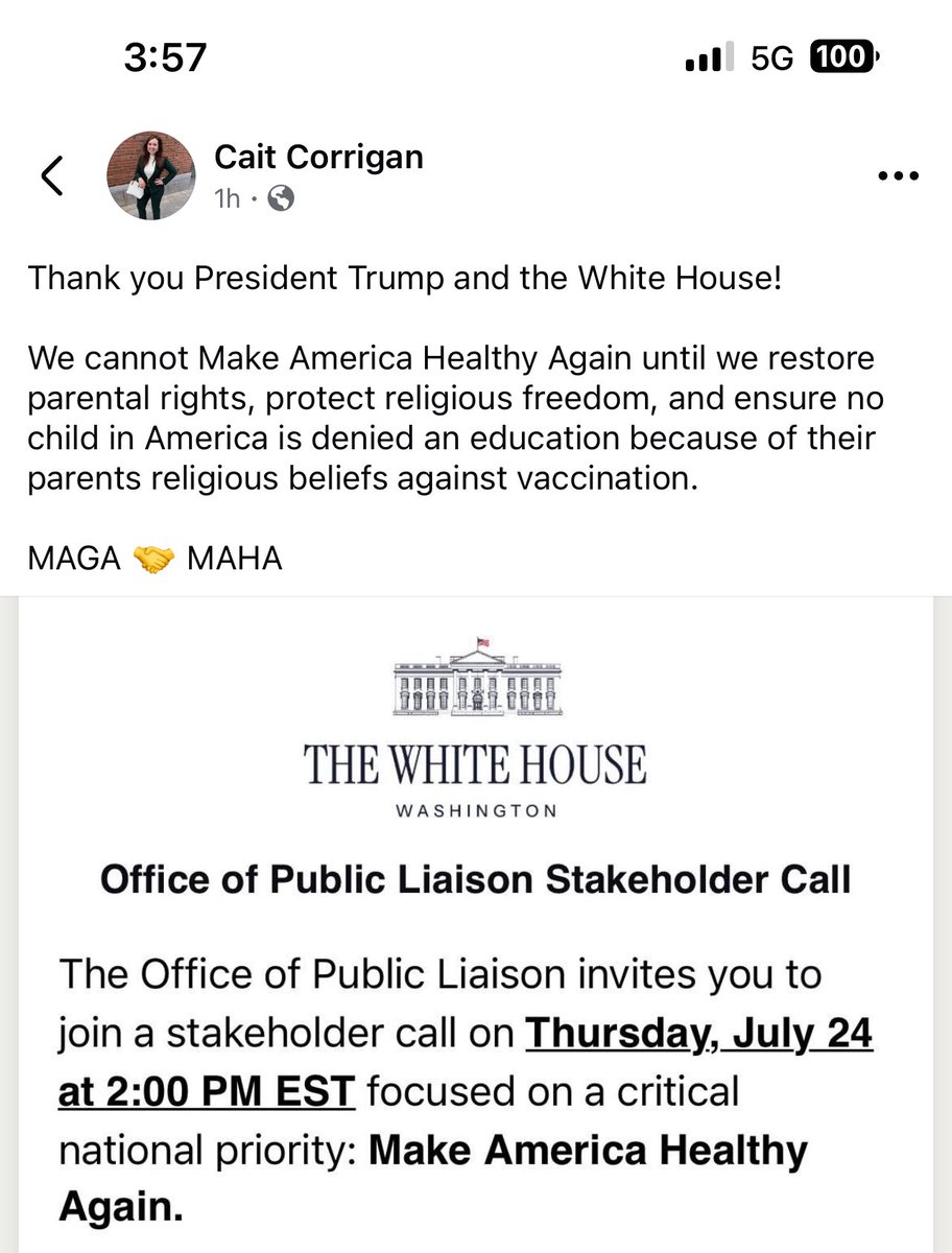 VFAFWarroom's tweet image. “Thank you President Trump and the White House!
We cannot Make America Healthy Again until we restore parental rights, protect religious freedom, and ensure no child in America is denied an education because of their parents religious beliefs against vaccination. “ said Cait…