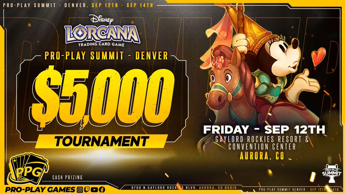 _proplaygames's tweet image. Early Bird Tickets are officially SOLD OUT!
We’re thrilled to announce that Main Event prizing is now finalized … and it’s BIG! 💰 Head to our website to see all the details.
buff.ly/DU99e5D
Disney Lorcana
Friday - $5,000 Tournament
Saturday - $15,000 Tournament…