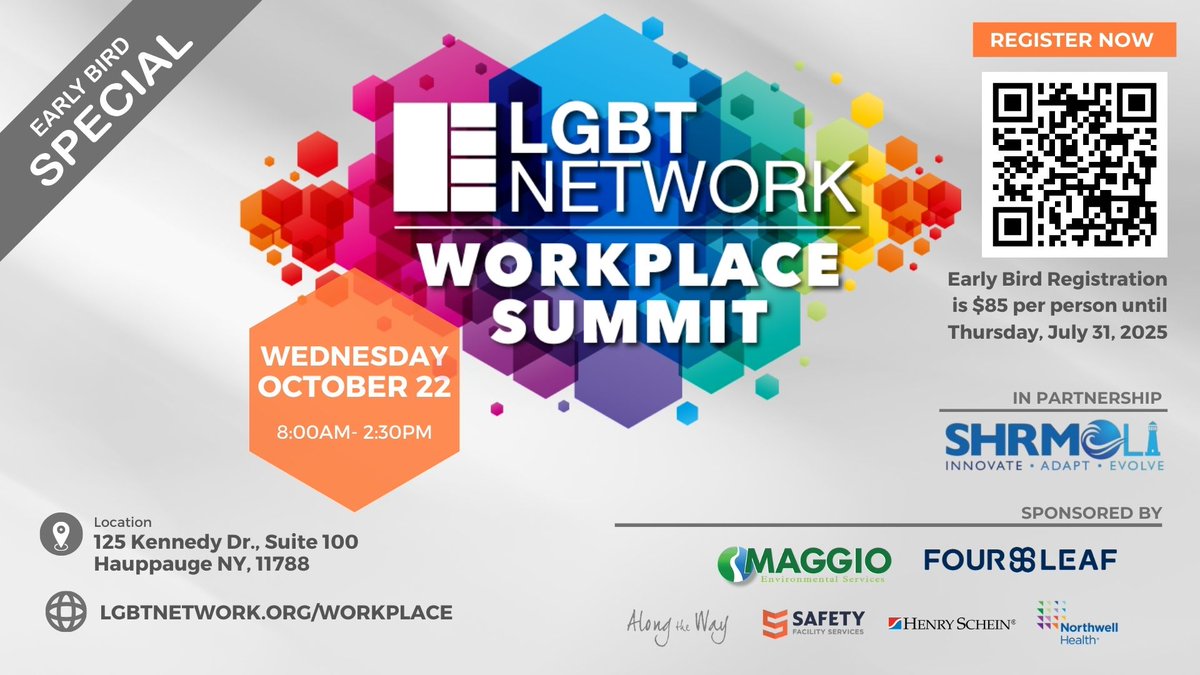 The only event of its kind on Long Island! 🌈 Register for the 4th Annual LGBT Workplace Summit on 10/22 for learning, networking &amp; real LGBT inclusion strategies.
🎟️ Early Bird $85 until 7/31 + 3 bonus virtual trainings!

Register now: lgbtnetwork.org/workplace-summ…