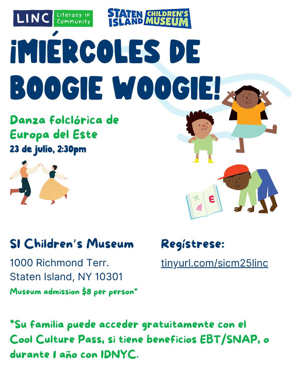 linc_nyc's tweet image. Get ready for Boogie Woogie Wednesdays, Staten Island! 💃🏾🎶Join us on 7/23 for an afternoon of Eastern European folk dancing & storytelling fun with our friends at @kidsmuseum.
🎟$8 admission | RSVP: tinyurl.com/sicm25linc
*Free entry w/ @coolculture Pass, EBT/SNAP or IDNYC