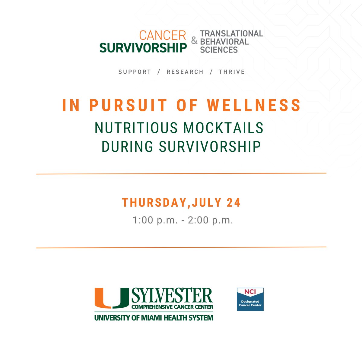 SylvesterCancer's tweet image. We’re bringing together cancer survivorship experts to exchange knowledge and highlight strategies that support healing and wellness. Join us for a conversation on reducing or eliminating alcohol. Register now: loom.ly/QdPbFIY
We’ll also share refreshing mocktail recipes…