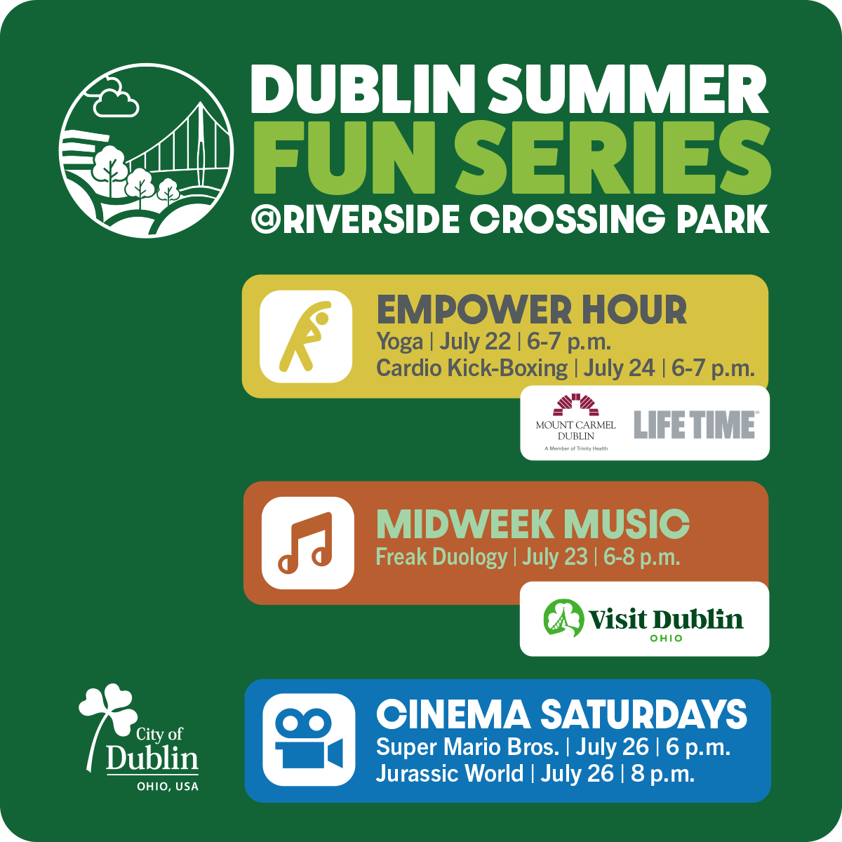 Check out this week’s incredible lineup of free outdoor activities happening all week long at Riverside Crossing Park! ☀️ 🎬

💪 Empower Hour | July 22 and 24
🎵 Midweek Music | July 23
🍿 Cinema Saturdays | Super Mario Bros. and Jurassic World | July 26
Details &amp; Times ➡️