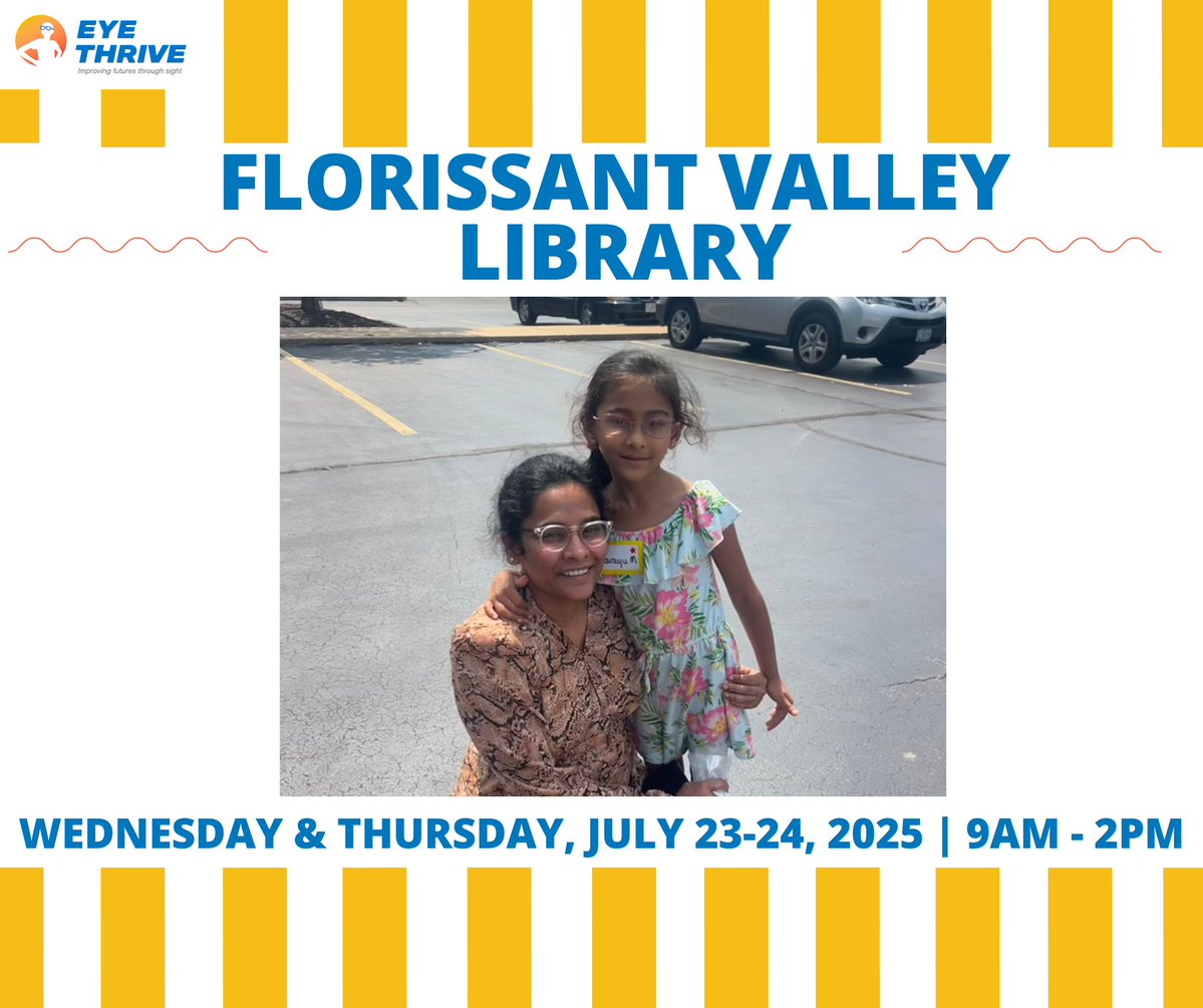 Eye_Thrive's tweet image. We’re bringing *both* Mobile Vision Clinics to @SLCL's Florissant Valley Library July 23–24! 👓🚐 Free eye exams & glasses made on-site.
✅ Appts start 9am
🕚 Reg closes 11am
🚶 First come, first served—arrive early!
EyeThrive.org/MVC
#GlassesForTheLou #SeeSTLShine