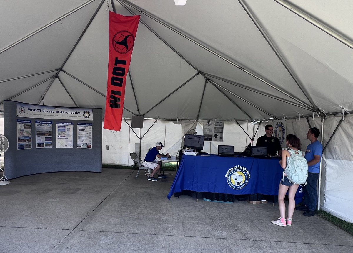 WisconsinDOT's tweet image. WisDOT Bureau of Aeronautics staff and the @wistatepatrol are happy to be on-site at the EAA AirVenture event this week in Oshkosh. Our staff are helping distribute WI aviation info, provide weather updates, and more. Visit our booths and say hi! #OSH25