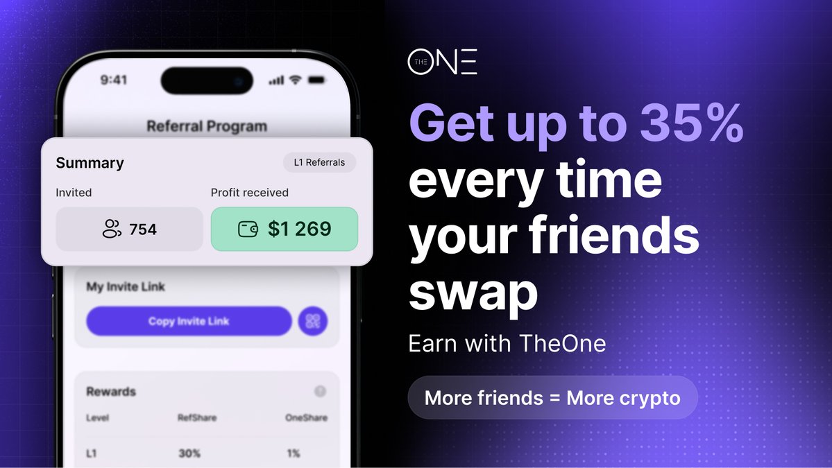 🌀Earn with TheOne
More friends = More crypto.

Invite your crew, get paid for their trades.
🚀Up to 35% lifetime rewards straight to your wallet.