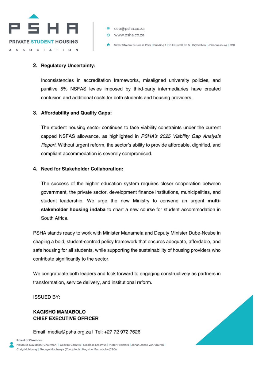 PSHA welcomes the appointment of the new Minister and Deputy Minister of Higher Education and Training.