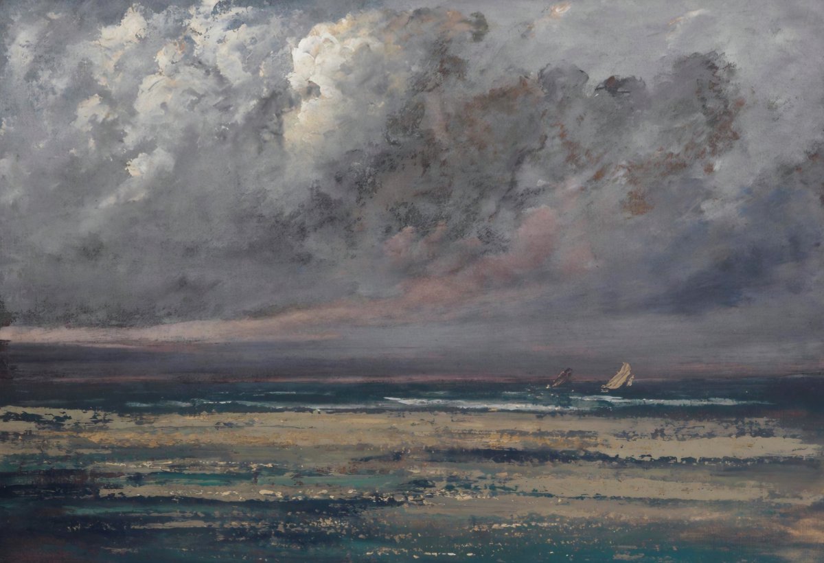 ahistoryinart's tweet image. It was on his trips to Deauville that Gustave Courbet was introduced formally to seacapes by Eugène Boudin. The work he produced during the 1860s gave Courbet commercial success and an opportunity to explore the complexities of land, sea, and sky.