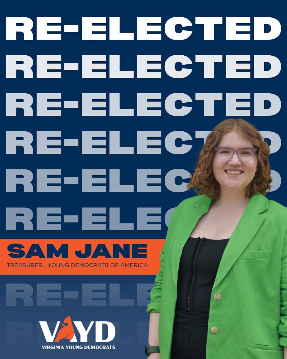 VAYD's tweet image. We are so proud to have one of our re-elected to the @youngdems executive board! Everyone, join us in congratulating Sam Jane’s election as YDA Treasurer, and wish them well as they continue to work hard for young democrats across the country.