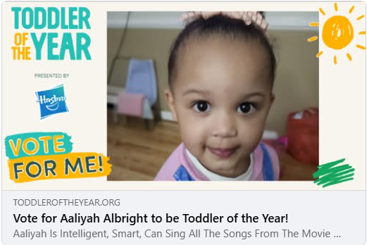 inezalbright2's tweet image. Please take a moment to vote for my sweet girl to be Toddler of the Year, 2025!!!
Each person receives one free vote daily, or you can purchase additional votes, with proceeds being donated to Toys for Tots!!!
⬇️⬇️⬇️⬇️
toddleroftheyear.org/2025/aaliyah-2…