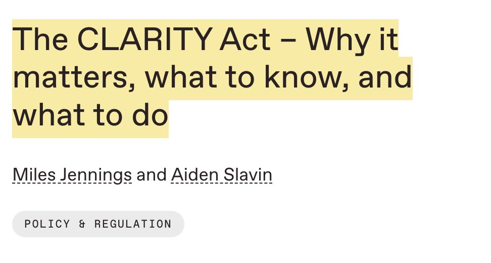 a16zcrypto's tweet photo. The House of Representatives recently advanced a major new “market structure” bill with overwhelming bipartisan support (294 to 134, with 78 Democrats supporting). This bill, the Digital Asset Market Clarity Act or “CLARITY Act” (HR 3633) would establish a clear regulatory framework for digital asset markets. The bill now progresses to the Senate, which is working on its own version of market structure legislation that will be informed by CLARITY.

If passed, this bill will establish clear rules of the road for blockchain systems — ending the years of uncertainty that have stifled innovation, exposed consumers to harm, and favored profiteers embracing opacity over the entrepreneurs pursuing transparency. Like the Securities Act of 1933, which established investor protections and powered a century of U.S. capital formation, the CLARITY Act could be a generational law.

When our legal frameworks are designed to both foster innovation and protect consumers, America leads — and the world benefits. CLARITY is that kind of opportunity. While this legislation builds on the bipartisan momentum of last year’s FIT21 bill, CLARITY improves upon it in several key ways, which we outline below: covering what the builders need to know, and why this bill is crucial to aligning innovation, consumer protection, and U.S. national security.

Learn more about The CLARITY Act in the thread below.

And find the full post by @milesjennings & Aiden Slavin: https://t.co/tbSIOg6A39
