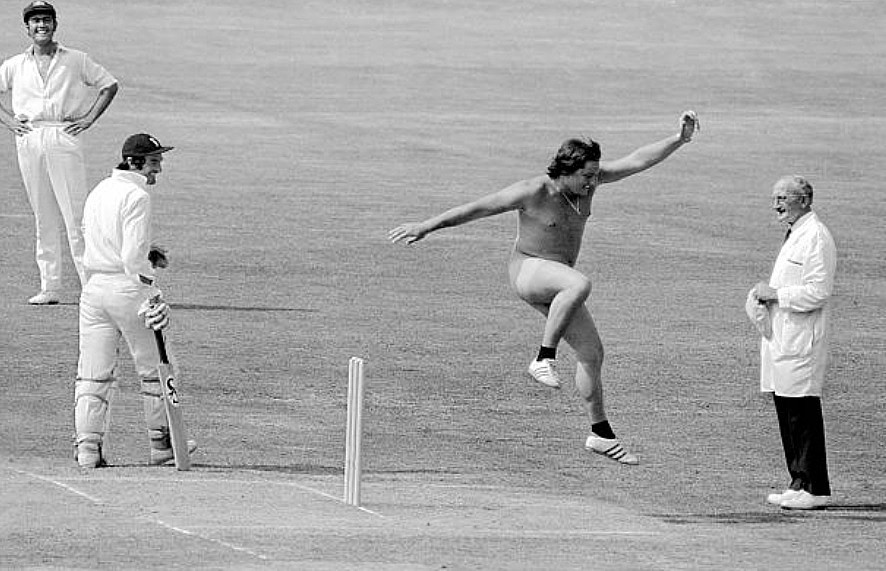 "It's a freaker" squealed Trevor Bailey excitedly when Michael Angelow stripped off and streaked on a baking hot fourth-day afternoon of the 2nd Ashes Test, Lord's, August 4th 1975.  He was fined £10 - the same amount he won as a bet - and entered cricket history (Eric Piper)