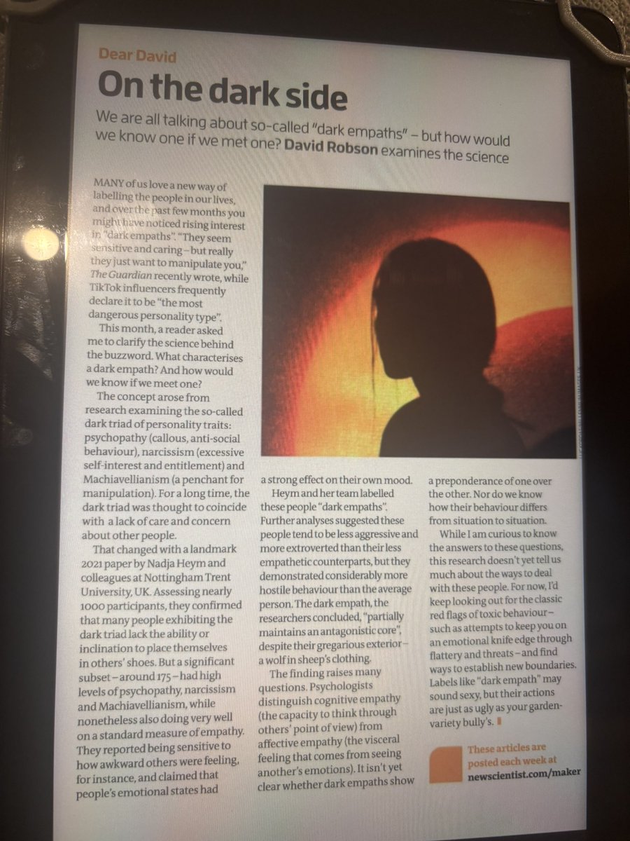 V_Middleton1's tweet photo. Just read a really interesting article in @newscientist
#Narcissist or #DarkEmpath. 🤔🤔 https://t.co/bzApVwGtON