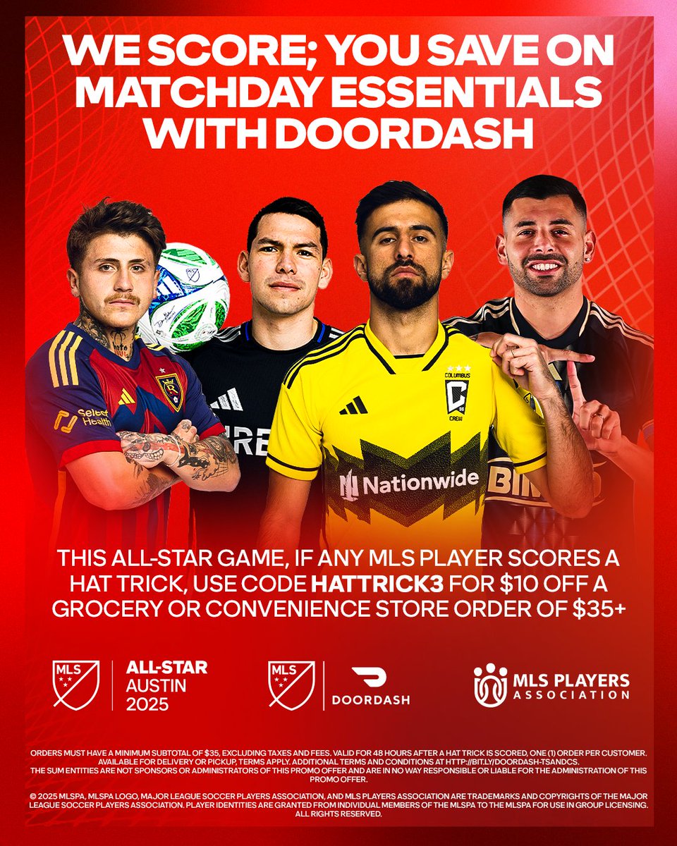 DoorDash's tweet image. They score hat tricks. You save on DoorDash. ⚽️🔥
 
This MLS All-Star Game on 7/23, If any MLS player scores a hat trick, use code HATTRICK3 for $10 off a grocery or convenience store order of $35+.