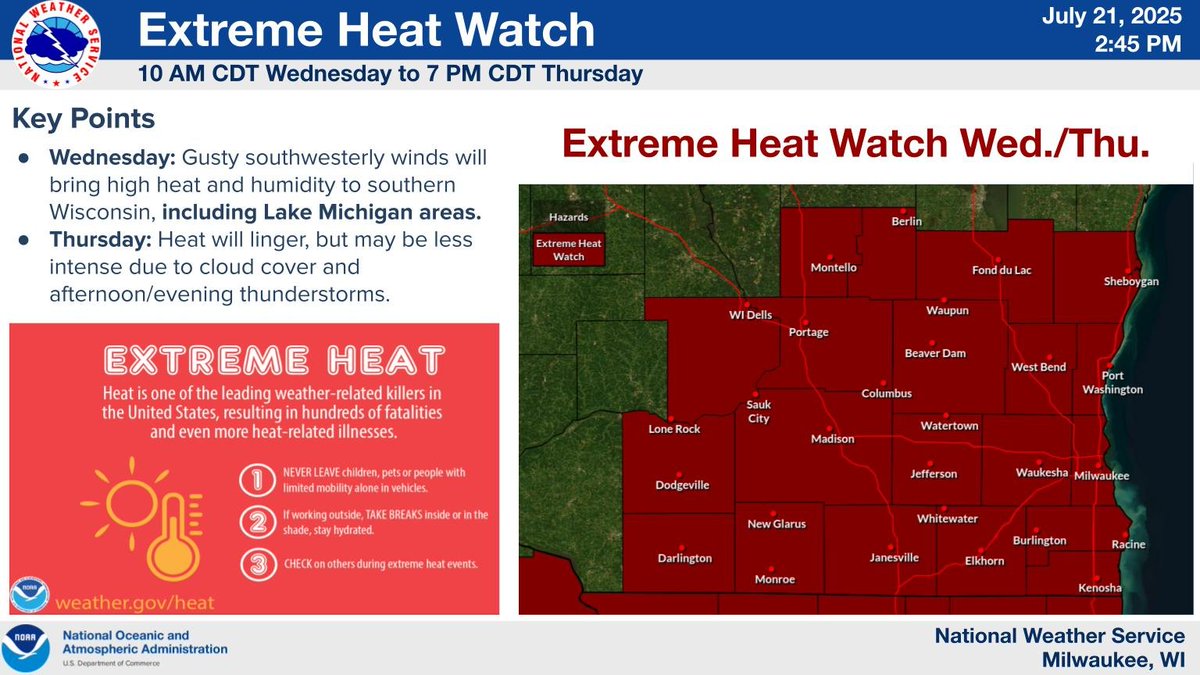 NWSMilwaukee's tweet image. Southwesterly winds will bring extreme heat and high humidity all the way to the Lake Michigan shoreline areas on Wednesday. Expect weaker winds and more cloud cover on Thursday, but heat lingers. Thunderstorms will develop Thursday afternoon/evening. #swiwx #wiwx