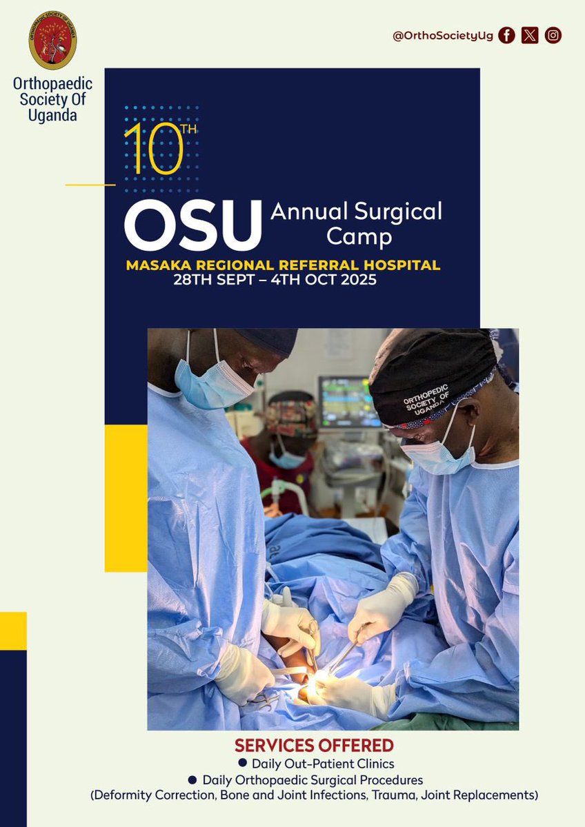Orthopaedic Society of Uganda (@orthosocietyug) on Twitter photo We are excited to announce the 10th ANNUAL ORTHOPEDIC SURGICAL CAMP!
Itβs to be held at Masaka Regional Referral Hospital from 28/September to 4/October, 2025.
Join us as we extend orthopedic services to those in need.
Mark your calendars.
<a href="/MinofHealthUG/">Ministry of Health- Uganda</a>
<a href="/GovUganda/">Government of Uganda</a> We are excited to announce the 10th ANNUAL ORTHOPEDIC SURGICAL CAMP!
Itβs to be held at Masaka Regional Referral Hospital from 28/September to 4/October, 2025.
Join us as we extend orthopedic services to those in need.
Mark your calendars.
<a href="/MinofHealthUG/">Ministry of Health- Uganda</a>
<a href="/GovUganda/">Government of Uganda</a>