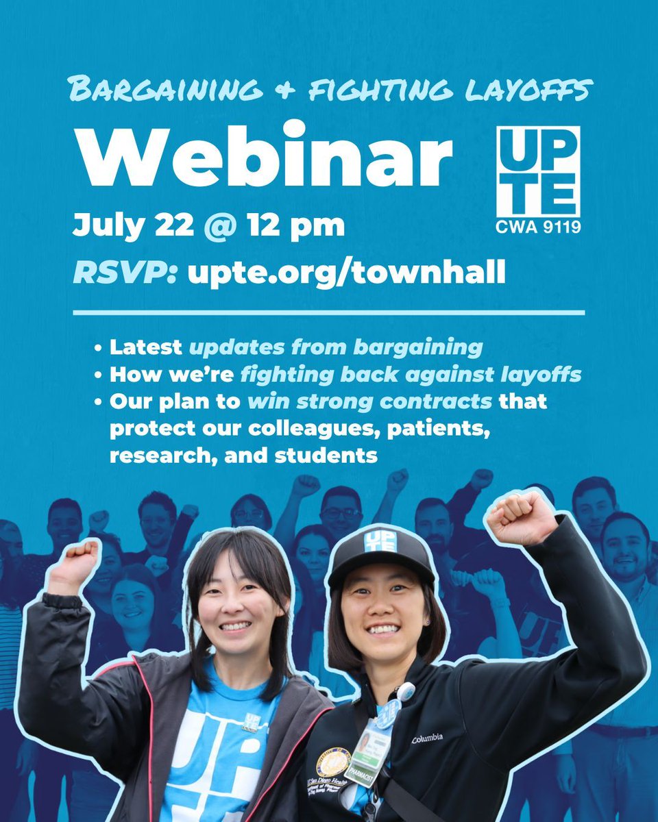 UPTECWA's tweet image. Join us Tuesday, July 22 @ noon for our Bargaining & Fighting Layoffs webinar on Zoom for:
✊ The latest updates from bargaining
💪 How we’re fighting back against layoffs
🤝 Our plan to win strong contracts
🔗 RSVP now at: upte.org/townhall