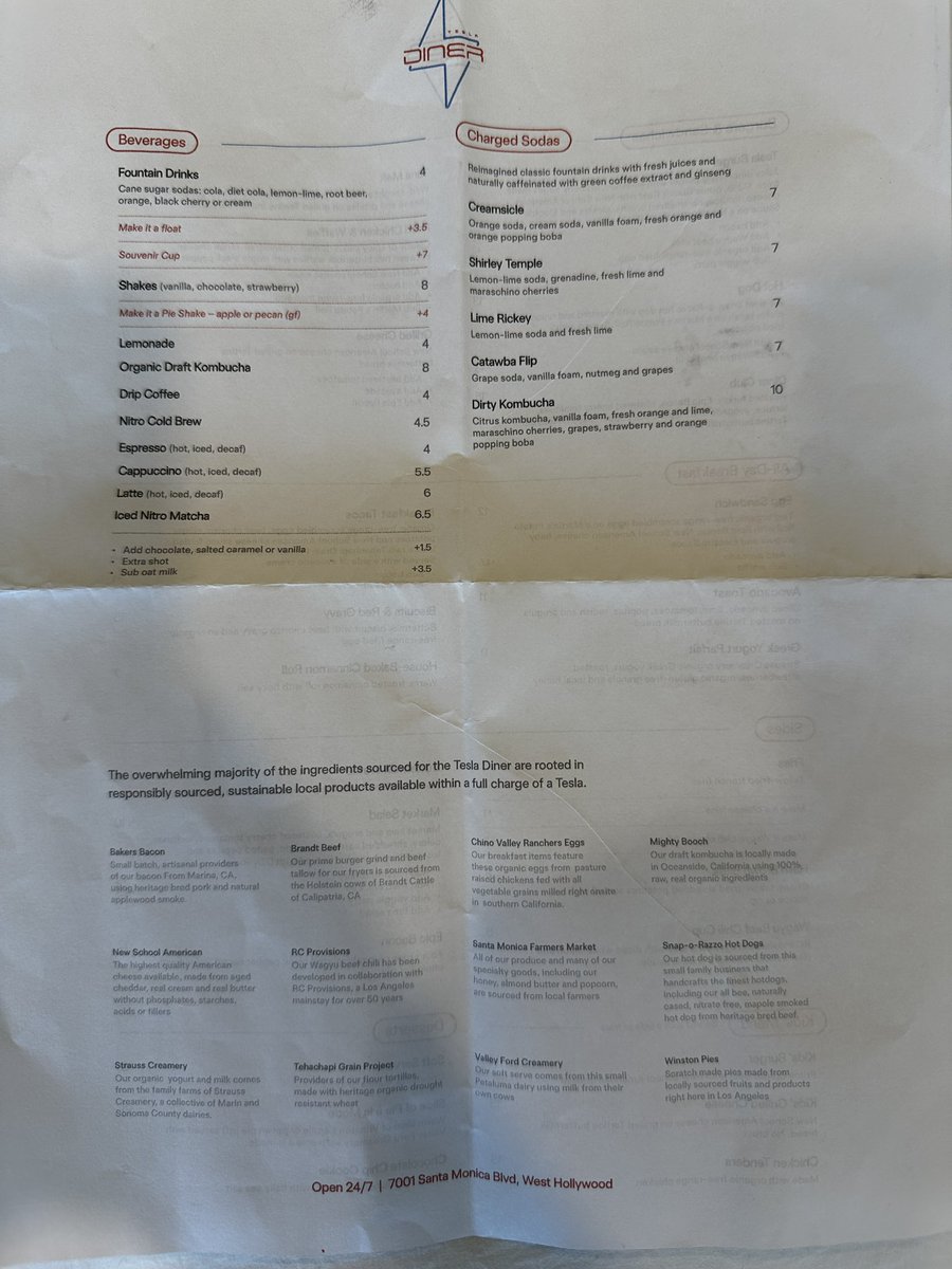 whistingbhole's tweet photo. To all the people waiting in line to get into the #tesladiner here is the menu while you wait. It will be worth it. https://t.co/mTeyHoTOPD