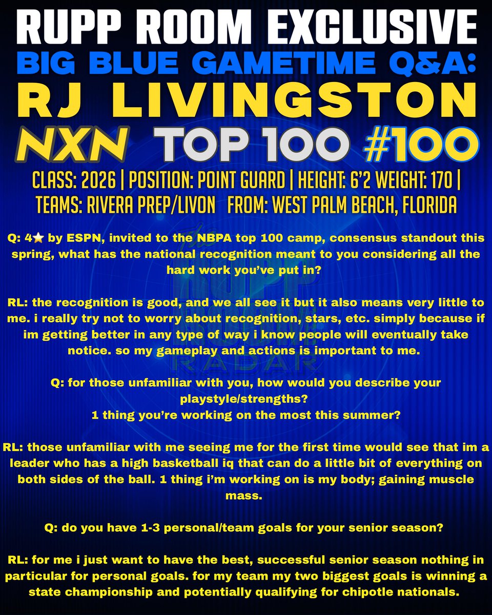 BigBlueDylan's tweet image. RECRUIT INTERVIEW: RJ Livingston.
(Vol.028) @_rjhoops
A legitimate 3 level scorer, RJ thrives getting downhill and finishing at the rim through contact, elite shooter whether it’s off the catch/move/bounce, and always on balance.
Thank you for taking time to speak with us RJ!