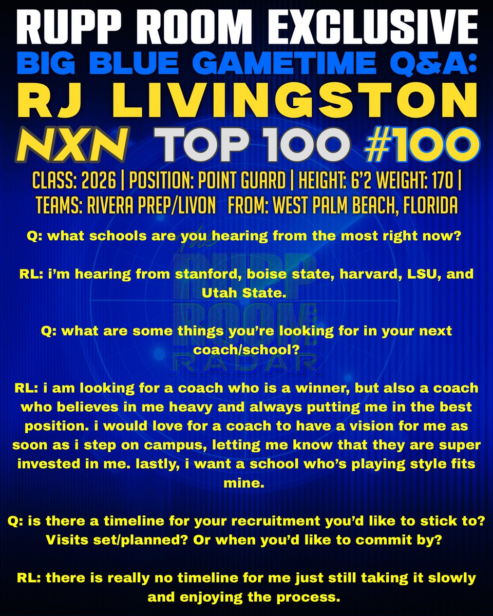 BigBlueDylan's tweet image. RECRUIT INTERVIEW: RJ Livingston.
(Vol.028) @_rjhoops
A legitimate 3 level scorer, RJ thrives getting downhill and finishing at the rim through contact, elite shooter whether it’s off the catch/move/bounce, and always on balance.
Thank you for taking time to speak with us RJ!