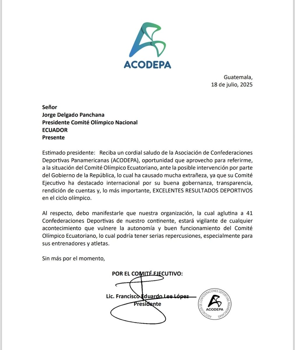 Agradecemos a la Asociación de Confederaciones Deportivas Panamericanas Acodepa por su respaldo a la administración del Presidente Jorge Delgado Panchana y todo su directorio