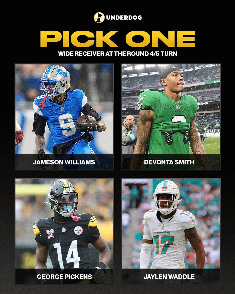 UnderdogDrafts's tweet image. Which WR2 on their own team are you taking at the Round 4/5 turn? 🎯