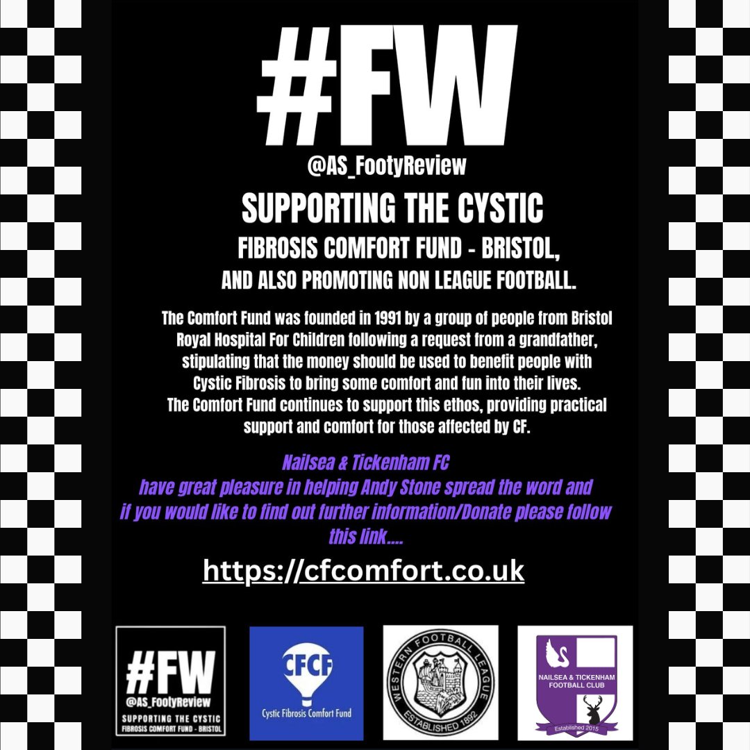 NandTFC's tweet image. Nailsea &amp;amp; Tickenham are proud in supporting the cystic fibrosis comfort fund and promoting non league football.
We are helping Andy Stone to spread the word in raising funds for this great cause for Bristol Royal Hospital for children.
If you would like to find out more…