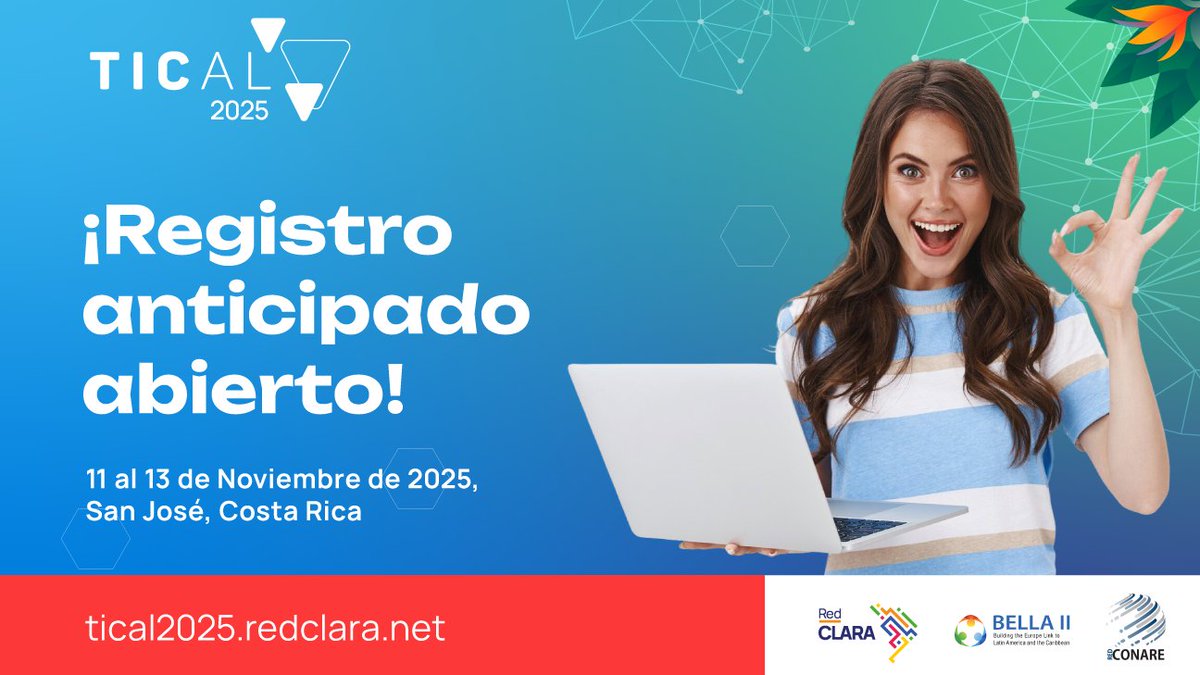RedCLARA's tweet image. 📢¡Abierto el registro anticipado para TICAL2025!
Aprovecha y ahorra un 33 % .
No te pierdas la conferencia clave en transformación digital en educación superior e investigación en #ALC.
¡Asegura tu lugar! 🔗shorturl.at/4wspy
#InnovaciónqueTransforma @redconare