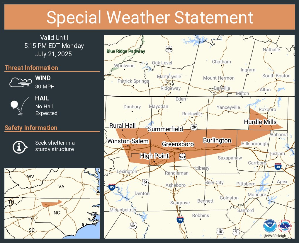NWSRaleigh's tweet image. A special weather statement has been issued for Greensboro NC, Winston-Salem NC and High Point NC until 5:15 PM EDT