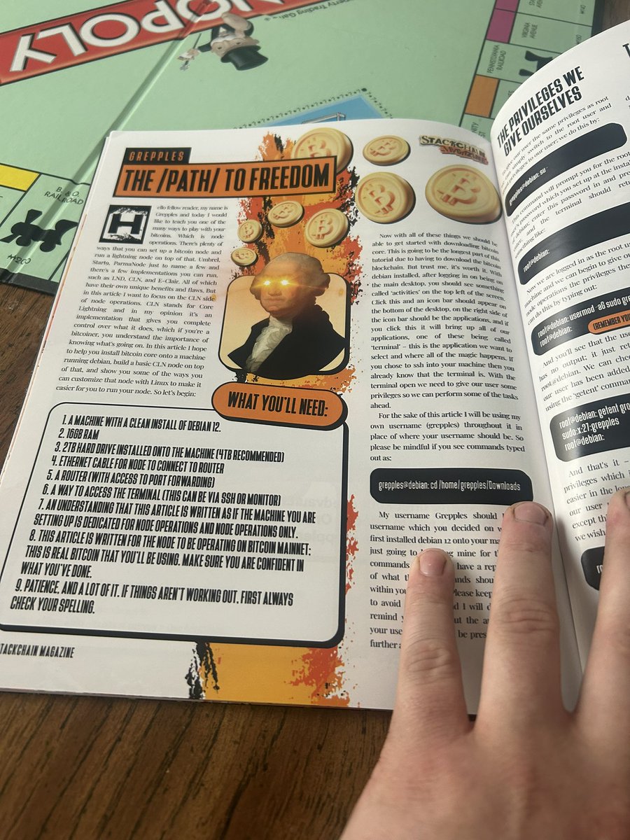 15Grepples: Memeologist (@15grepples) on Twitter photo One of the best moments of my #bitcoin journey was being introduced to #stackchain, and I was given the honor of writing an article for <a href="/Stackchainmag/">Stackchain ⛓ Magazine</a>. The/path/to freedom walks you through setting up a core lightning node on top of Linux via command line. Be sovereign fren. One of the best moments of my #bitcoin journey was being introduced to #stackchain, and I was given the honor of writing an article for <a href="/Stackchainmag/">Stackchain ⛓ Magazine</a>. The/path/to freedom walks you through setting up a core lightning node on top of Linux via command line. Be sovereign fren.