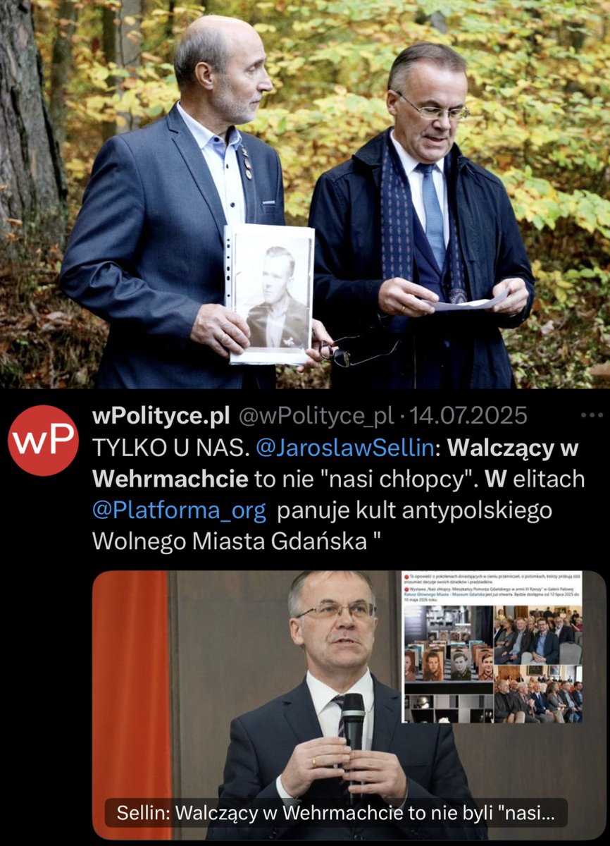 Na górnym zdjęciu – wiceminister kultury Jarosław Sellin z powagą przemawia w Rumi przy odsłonięciu nagrobka Pawła Selina – weterana kampanii 1939 roku, później wcielonego siłą do Wehrmachtu.
Na dolnym zdjęciu – ten sam Jarosław Sellin z oburzeniem komentuje wystawę „Nasi