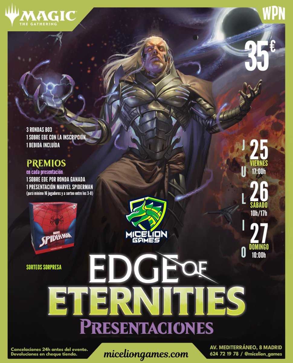 Este finde tenemos presentaciones EDGE OF ETERNITIES!

🗓️ 25-27 julio | 🎟️ 35€
🎲 3 rondas Bo3
🏆 Sobres, bebida y premios
🕷️ Sorteo presentación Spider-Man entre los 3-0

Te esperamos 
👉 miceliongames.com

#MTG #MagicMadrid