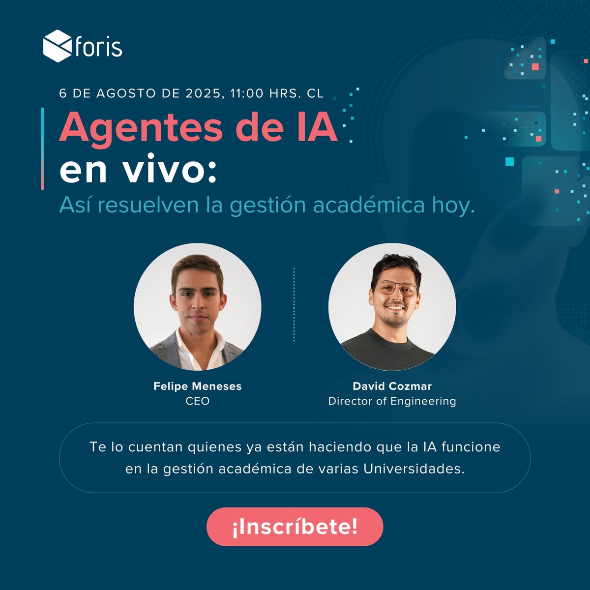 [Webinar🔴] - Agentes de IA en en vivo: Así resuelven la operación académica. 

Casos prácticos y reales de cómo los agentes están dejando de ser una promesa para convertirse en aliados del día a día de la operación universitaria.

inscríbete: lnkd.in/eb-6hNyC