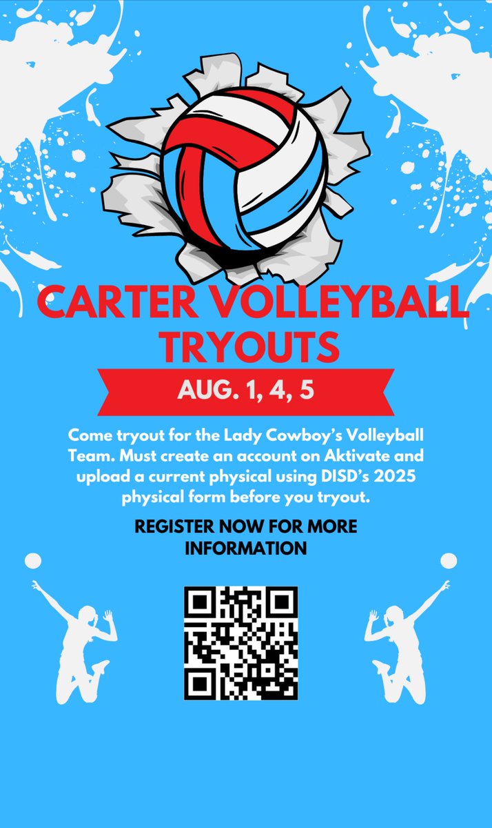 Harold Jones (@coachhjones_87) on Twitter photo Attention Carter Nation, calling all volleyball players and incoming freshman get ready point,set, match is here. Date and times are in the QR code. Don’t miss out!! <a href="/DWCAthletics/">Carter Cowboy Nation</a> <a href="/DWCarterHS/">Dallas Carter High School</a> Attention Carter Nation, calling all volleyball players and incoming freshman get ready point,set, match is here. Date and times are in the QR code. Don’t miss out!! <a href="/DWCAthletics/">Carter Cowboy Nation</a> <a href="/DWCarterHS/">Dallas Carter High School</a>
