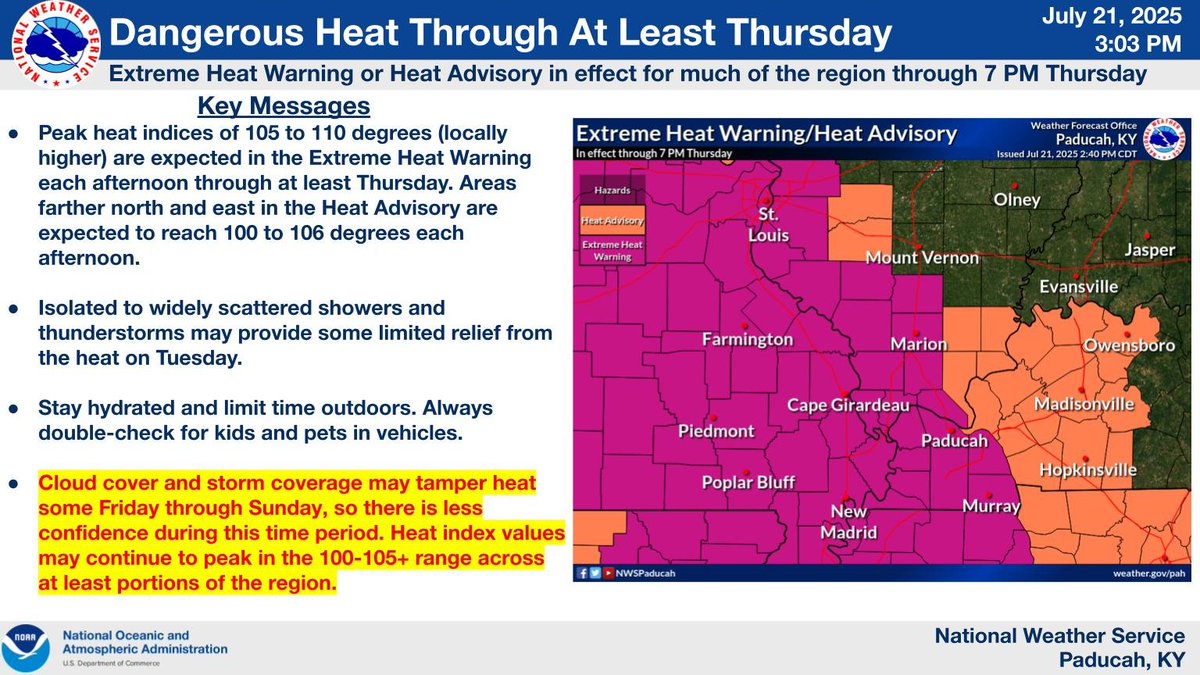 NWSPaducah's tweet image. Dangerous heat and humidity will continue through the week. The heat will build back north and east across portions of the region that saw a brief respite from the heat today, and heat headlines will likely be needed for the entire region at some point this week.