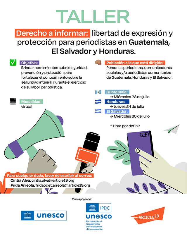 article19mxca's tweet image. 📢🌎 ¿Eres periodista de #Guatemala, #Honduras o #ElSalvador?
Si tienes interés en capacitarse sobre herramientas de seguridad integral, prevención y protección, ¡este taller es para ti!
📝 Inscríbete aquí: f.mtr.cool/pojuzbvuhk