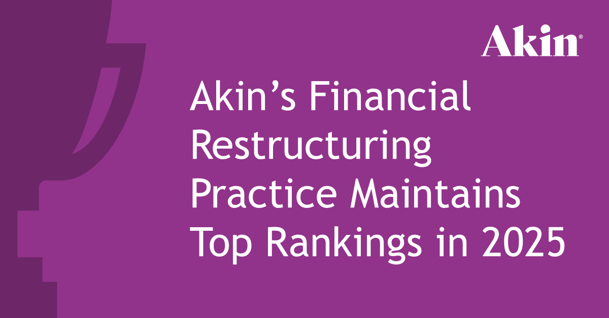 Akin continues to lead in the restructuring space, earning top-tier recognition across multiple league tables and industry publications. The firm’s #financialrestructuring team sits atop <a href="/Debtwire/">Debtwire</a>'s June U.S. Restructuring Advisory Mandate Report and was again named the #1 law