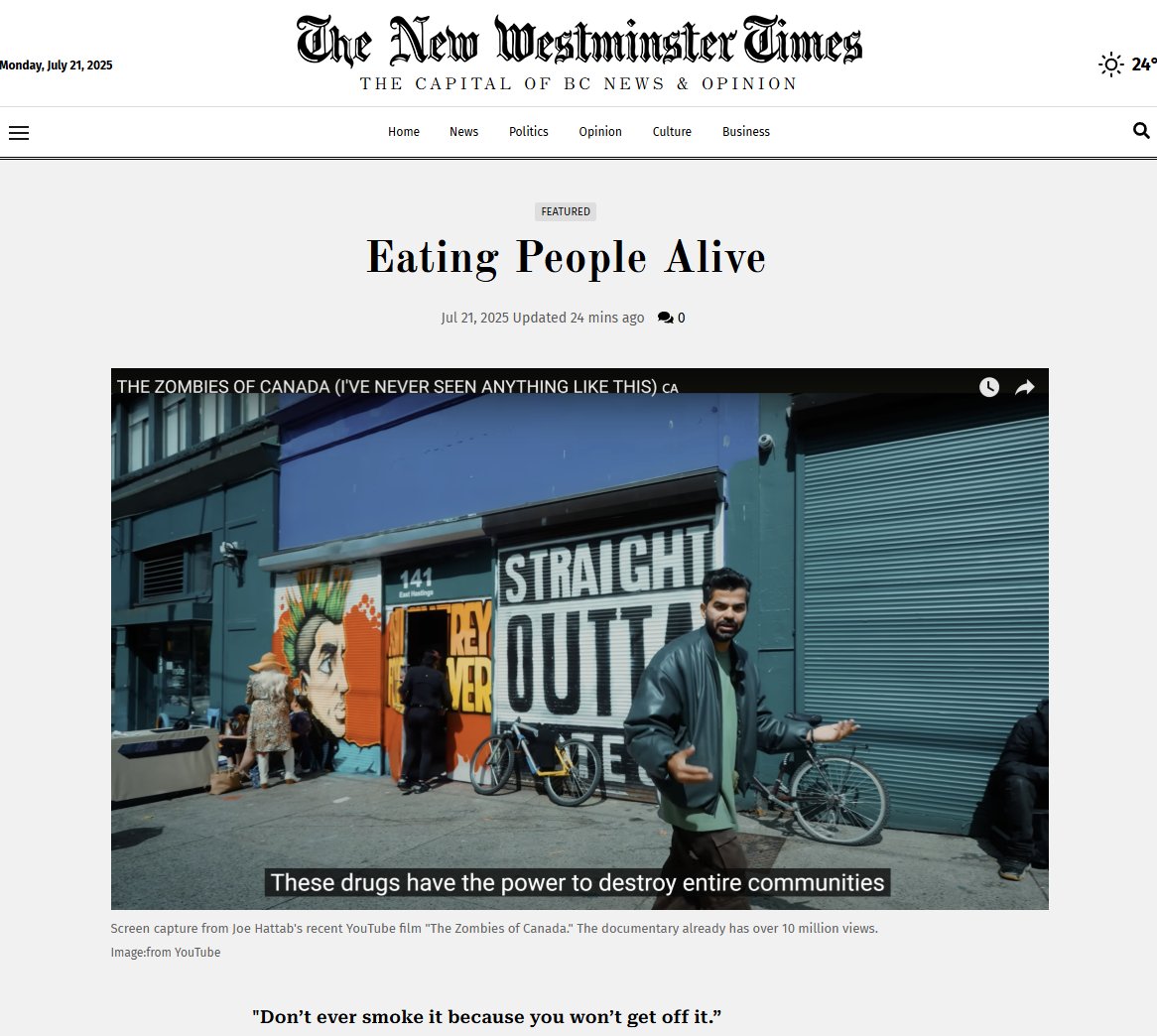 NewWestTimes's tweet image. "Eating People Alive." @RukhsanaSukhan discusses @joe_hattab's viral "Zombies of Canada" film re Vancouver & its fentanyl nightmare. Xylazine, often mixed with fentanyl, eats human flesh. Sukhan: "...addiction truly does eat people alive." newwesttimes.com/news/eating-pe…